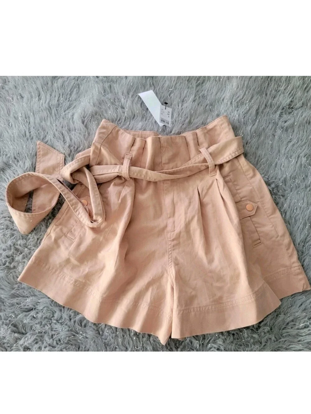 NEW TOPSHOP Khaki Cotton Linen Boho Paperbag Shorts High Waisted Baggy Bermuda 6